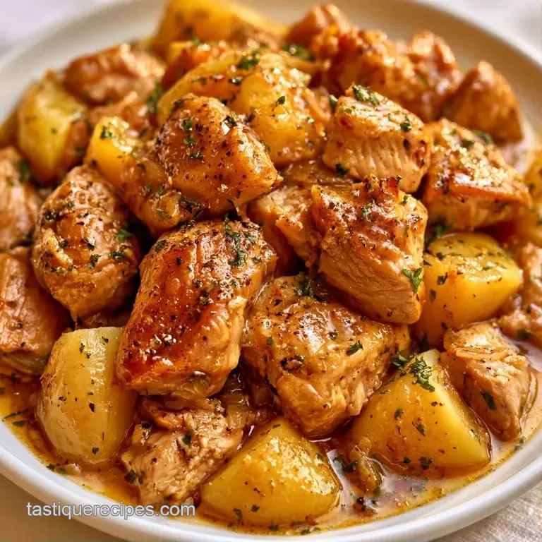 A deep ceramic bowl of chunky savory stew, garnished with fresh green parsley on a rustic, dark wooden surface.