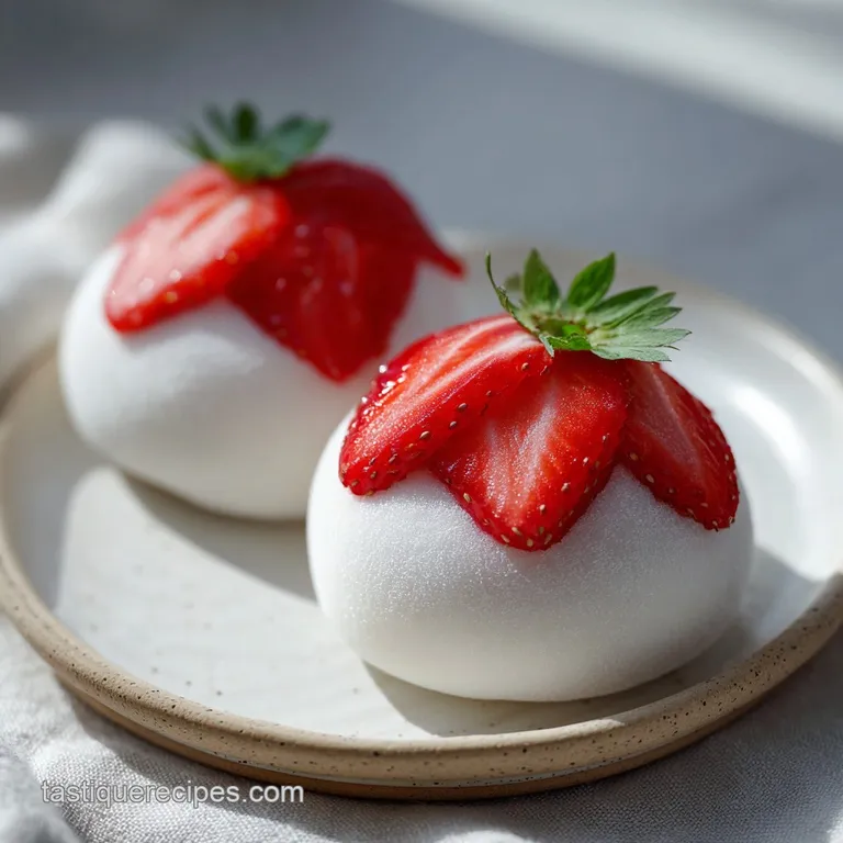 Delicate strawberry mochi balls neatly arranged on a small white plate, dusted with a snowy coating of powdered sugar.