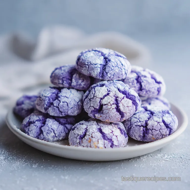 Stack of three ube crinkle cookies, revealing soft, chewy interiors and a delicate dusting of confectioners' sugar on a wh...