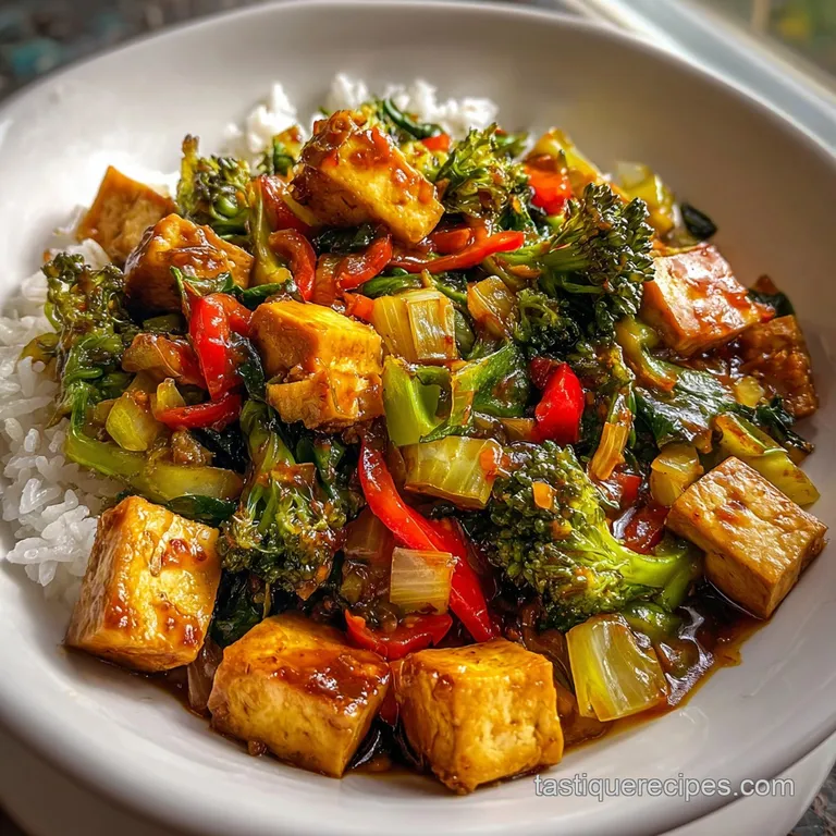 Crisp tofu stir-fry served in a white bowl. Steaming, glistening sauce coats the tofu and colorful vegetables, topped with...