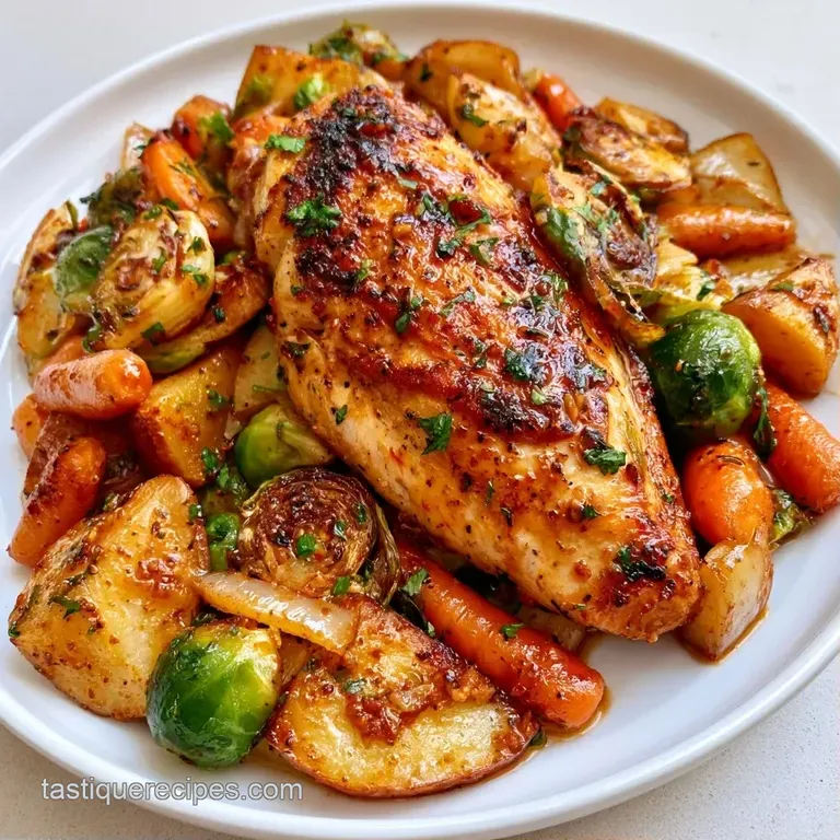 A white plate with a juicy chicken thigh, roasted carrots, and charred Brussels sprouts garnished with parsley.