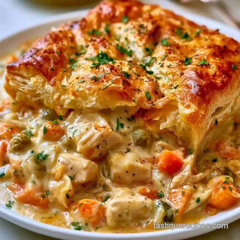 A ceramic dish of savory pie with a golden crust, served on a wooden board with a linen napkin and silver spoon.