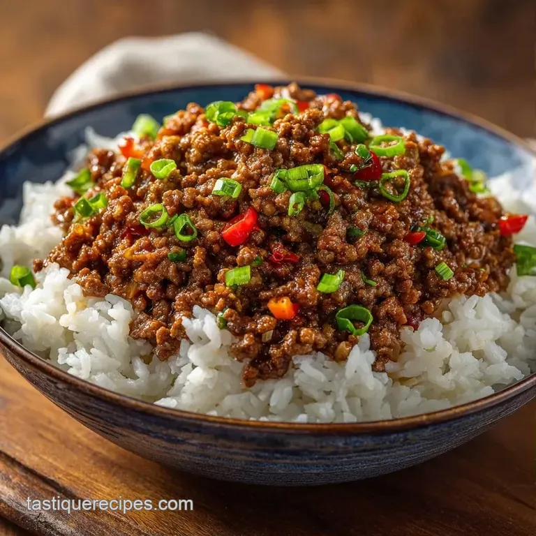 Steaming portion of savory beef and fluffy rice served in a white bowl with a sprig of fresh parsley.