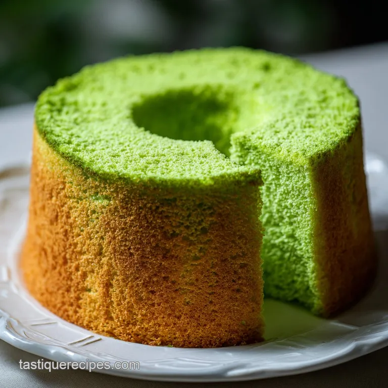 Slice of vibrant green pandan chiffon cake on a white plate, subtly dusted with powdered sugar, emphasizing its moist and ...