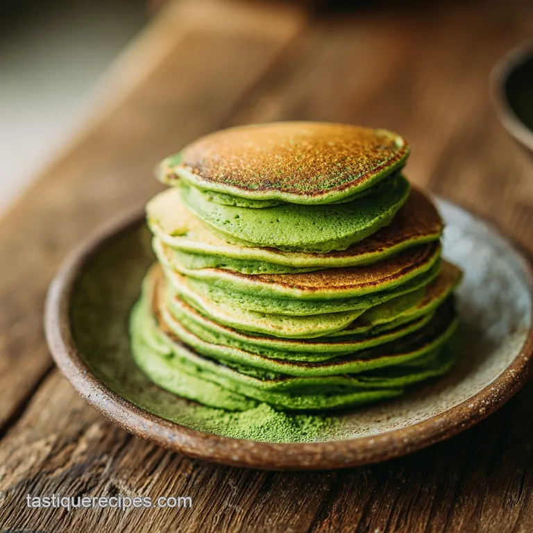 Two fluffy green pandan pancakes stacked high, glistening with syrup, a sprinkle of coconut, and a sprig of mint on a mode...