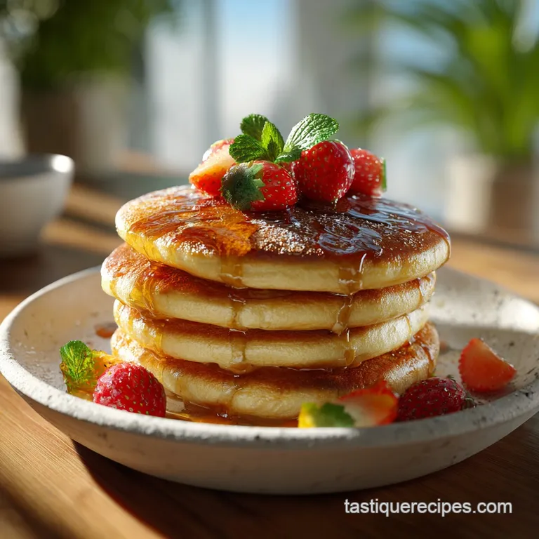 A neat stack of tender sorghum pancakes adorned with vibrant fresh berries and a drizzle of amber syrup.