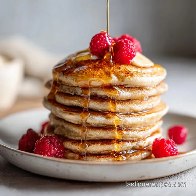 Delicate spelt pancakes layered with fresh berries and whipped cream. Light and airy, topped with a sprig of mint.