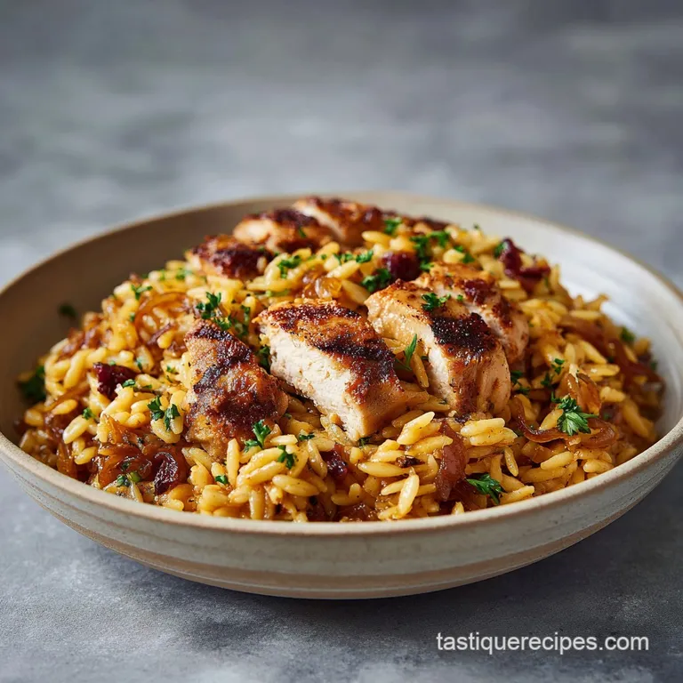 Golden-brown seared chicken breast over creamy orzo in a white ceramic bowl, garnished with melted Swiss cheese.