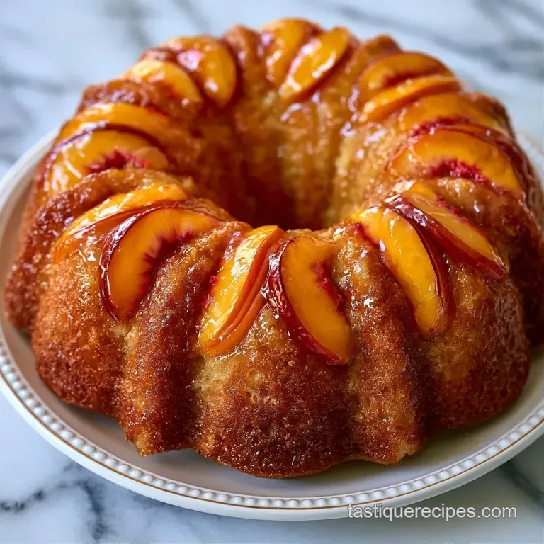 Moist golden cake slice on a white plate, garnished with vibrant orange peach slices and a swirl of creamy topping.