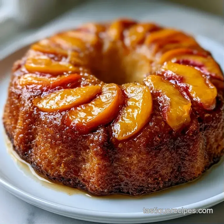 Slice of moist yellow cake on a white plate, drizzled with cinnamon glaze and garnished with a fresh mint leaf.