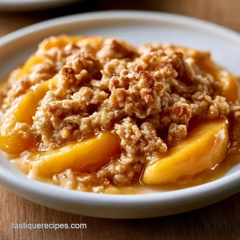 A scoop of melting vanilla bean ice cream atop a warm, crumbly fruit dessert on a white porcelain plate.