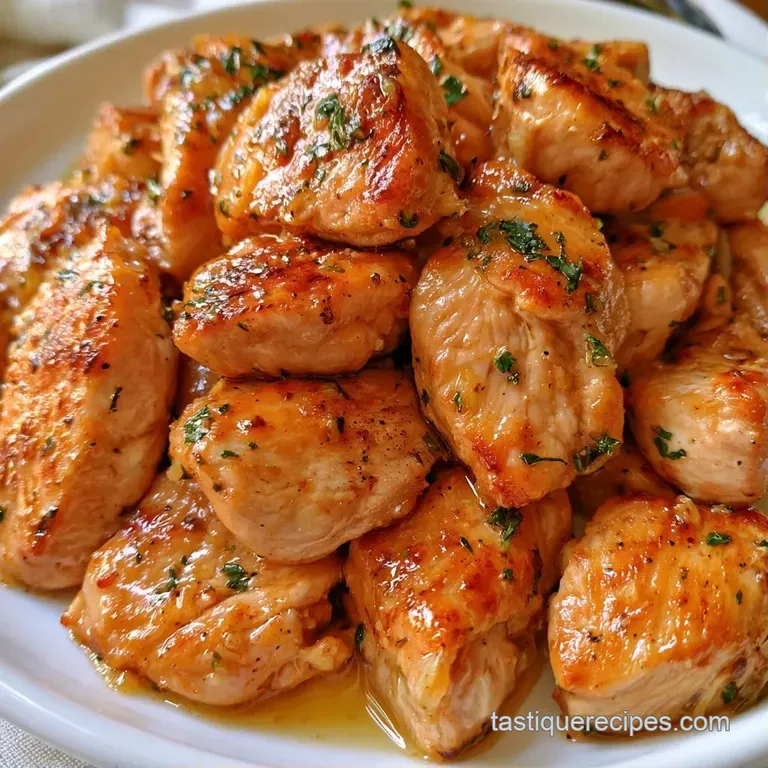 Sliced golden poultry arranged elegantly on a white plate with vibrant green herbs and a glossy butter glaze.