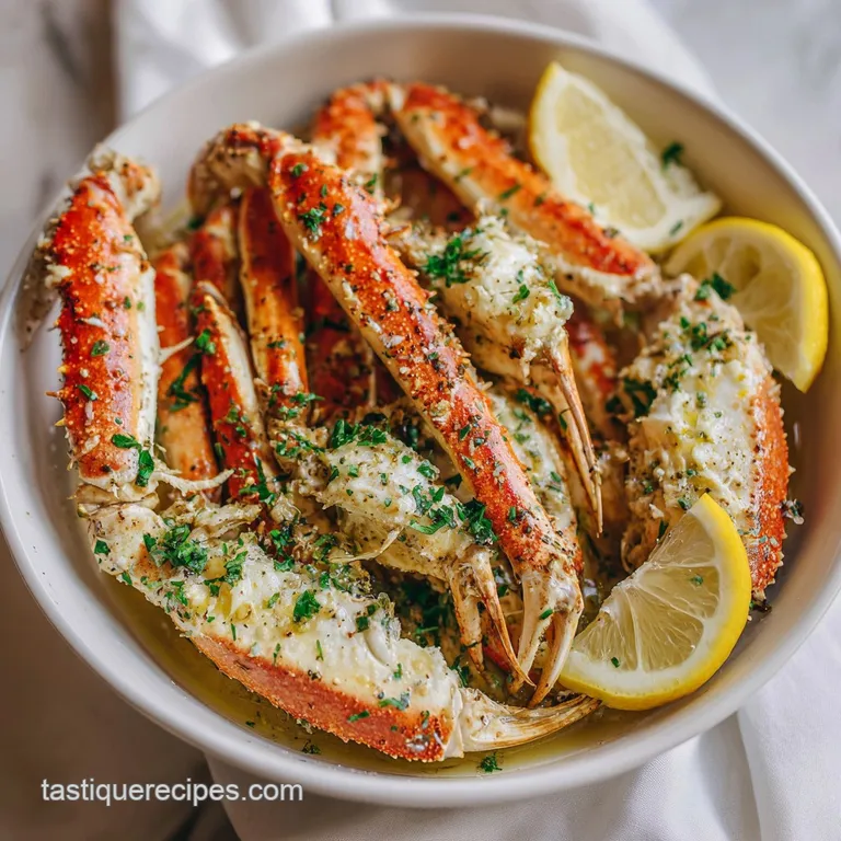 Steamed crab legs artfully arranged on a white plate, sprinkled with parsley.
