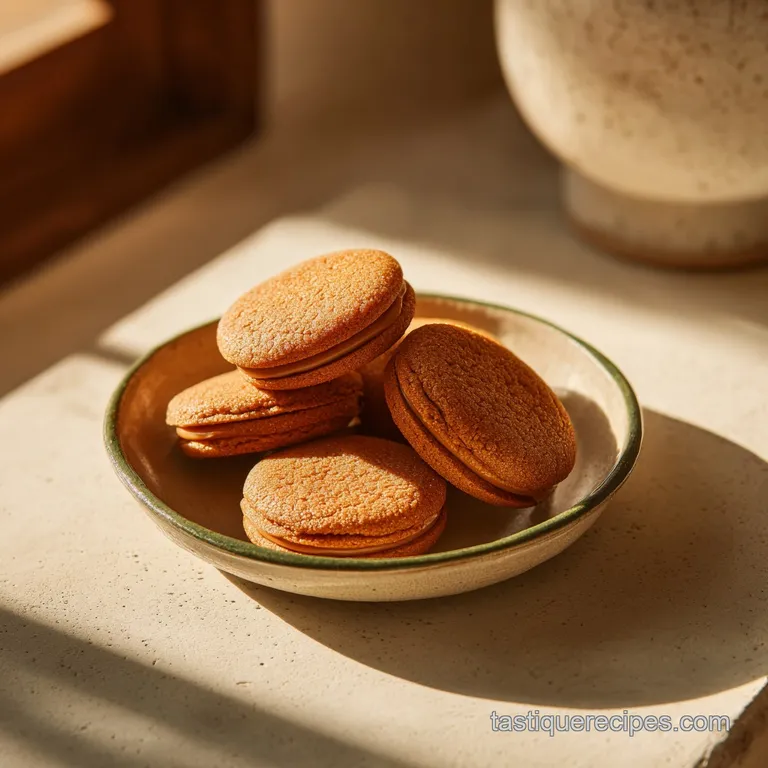 Warm, chewy cookie halves stacked artfully on a rustic wooden board, with a glimpse of a caramel-like filling and flaky salt.