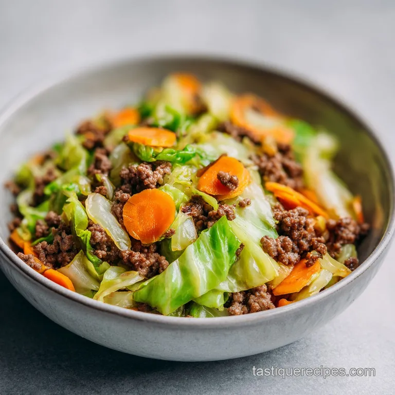 A neat heap of savory browned beef and tender cabbage ribbons garnished with fresh parsley on a white ceramic plate.
