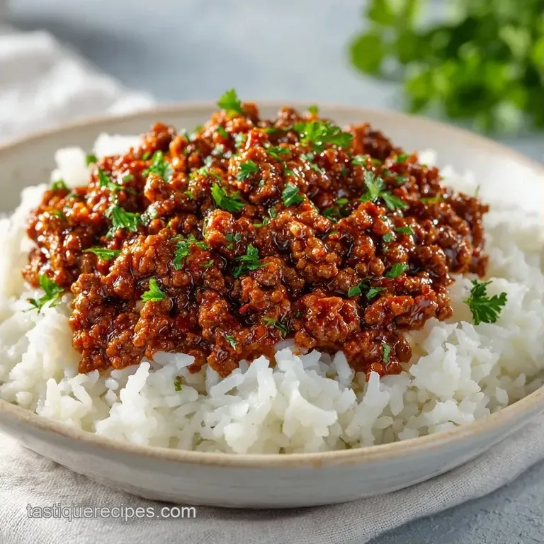 Sliced savory beef over a bed of steamed jasmine rice in a ceramic bowl, topped with bright green sliced scallions.