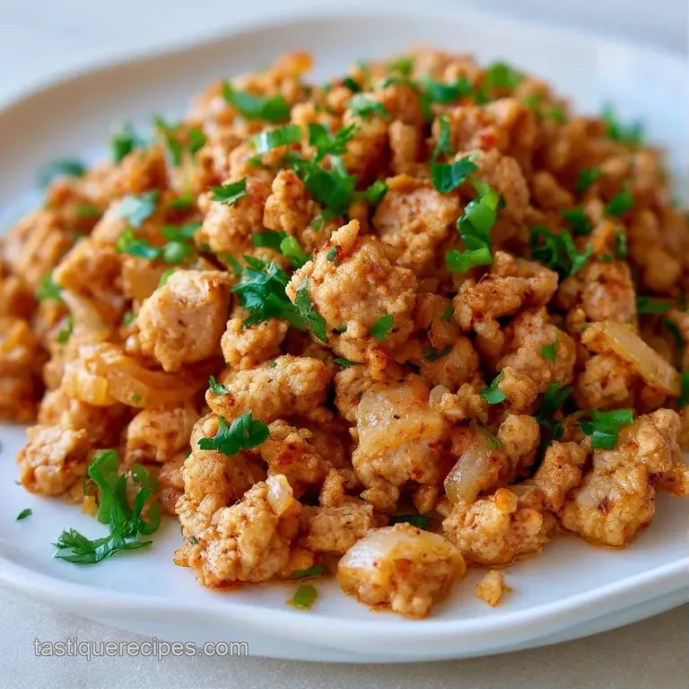 Saut&eacute;ed browned turkey crumbles paired with bright orange carrots and green peas on a clean white ceramic plate.