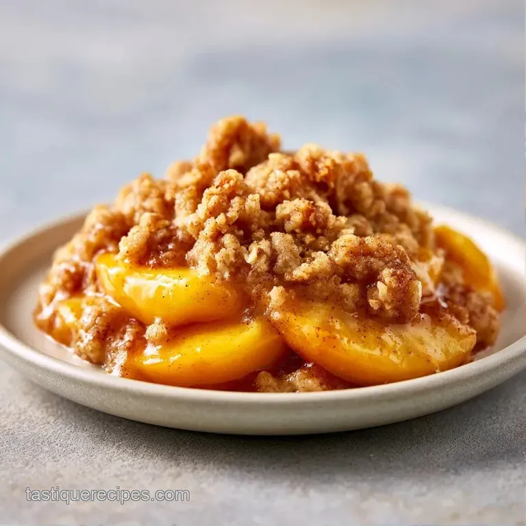 A scoop of melting vanilla ice cream atop golden-brown oat crumble and juicy orange peaches on a white plate.