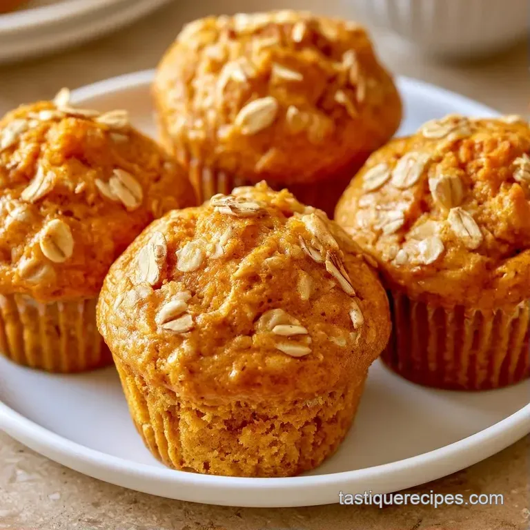 Three warm, spiced muffins stacked on a white ceramic plate with a linen napkin and a cup of steaming coffee.