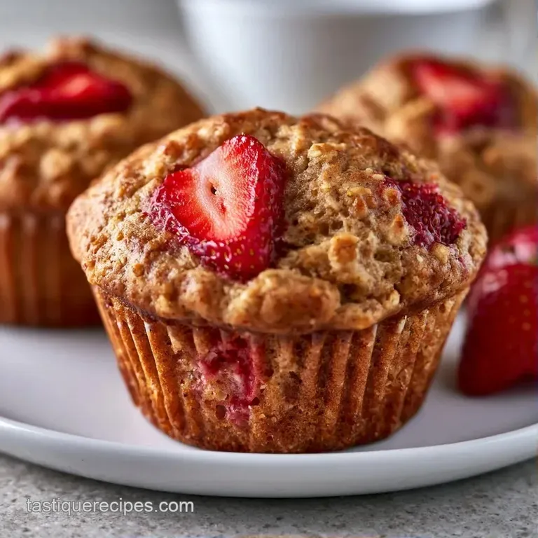 Trio of golden-brown oat cakes on a white plate, accented by a drizzle of honey and scattered fresh strawberries.