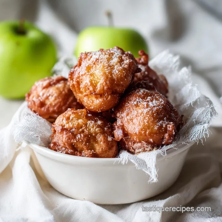 Warm apple fritter dusted with powdered sugar, served atop a white plate with a drizzle of caramel.