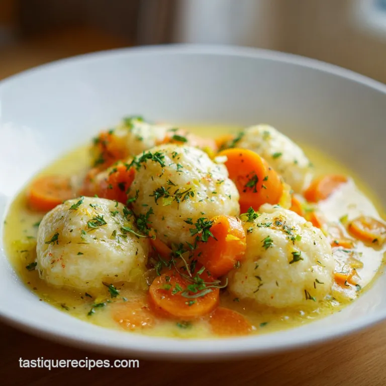 An elegant white bowl of rich, creamy stew topped with golden-brown dumplings and a sprinkle of fresh green parsley.