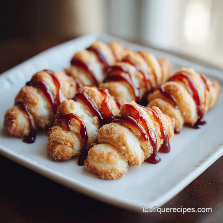 Whimsical, misshapen baked goods with oozing red jam sit on a white plate, dusted with confectioner's sugar.