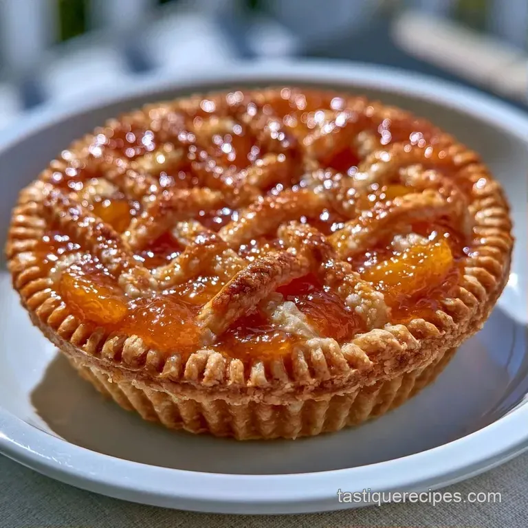 A slice of flaky golden fruit pie on a white plate, topped with a scoop of melting vanilla ice cream and mint.