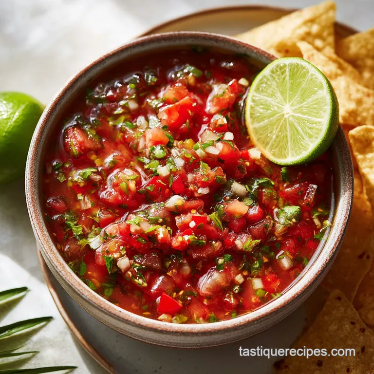 A rustic bowl overflowing with fresh, colorful salsa, garnished with a sprig of cilantro and a lime wedge.