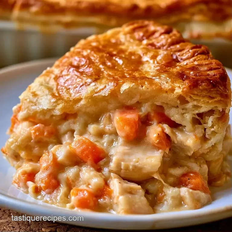 A rustic white bowl of creamy chicken stew topped with a golden pastry disc and a sprinkle of fresh green parsley.