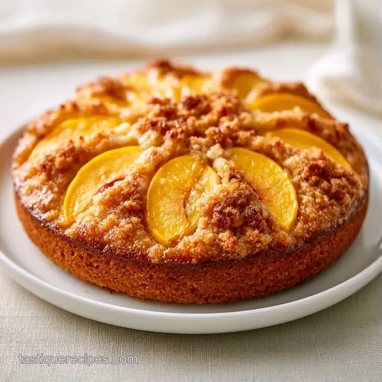 A slice of buttery crumb cake on a white plate, garnished with a fresh peach wedge and a sprig of green mint.