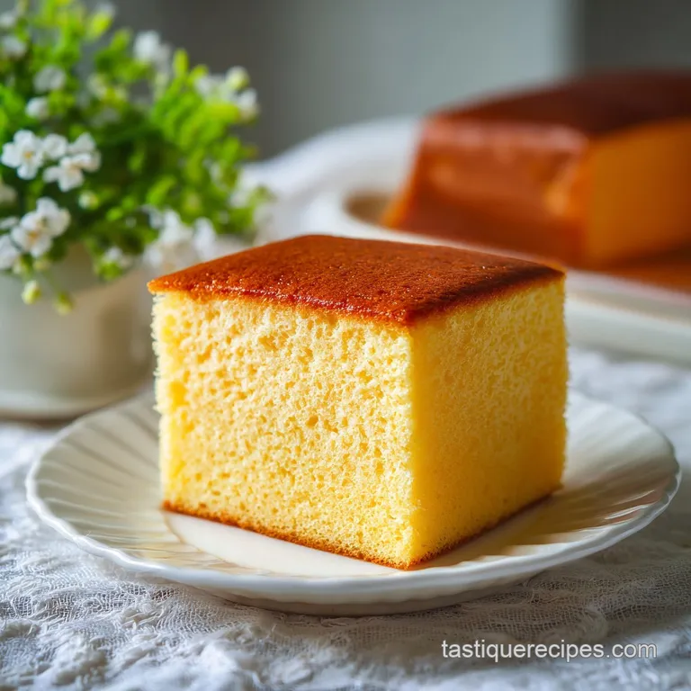 Warmly lit, golden Castella cake slice plated with a dusting of powdered sugar; inviting and subtly sweet.