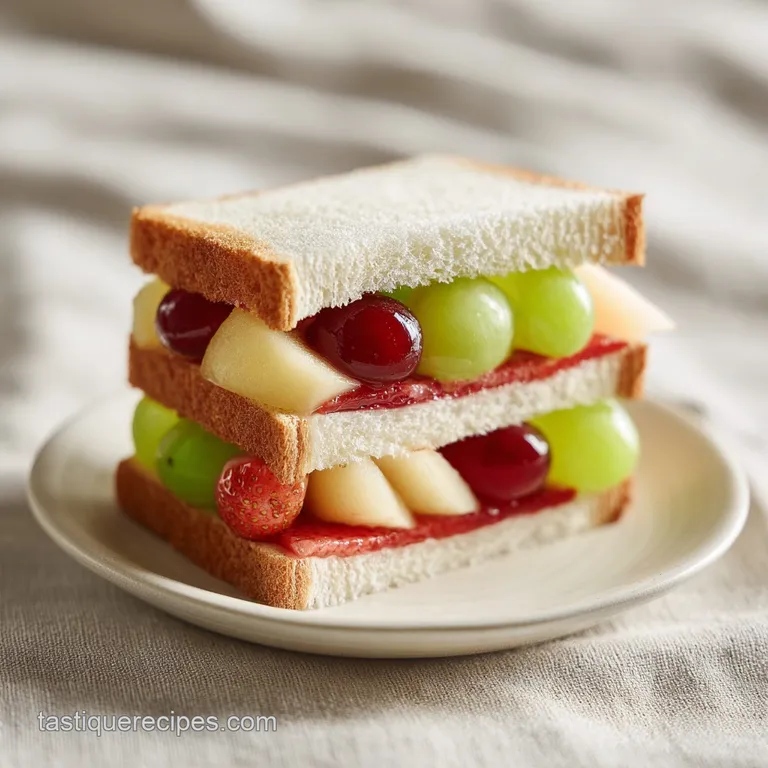 Two halves of a fruit sandwich, the pillowy white bread framing the colorful mix of sliced fruit and rich cream filling.