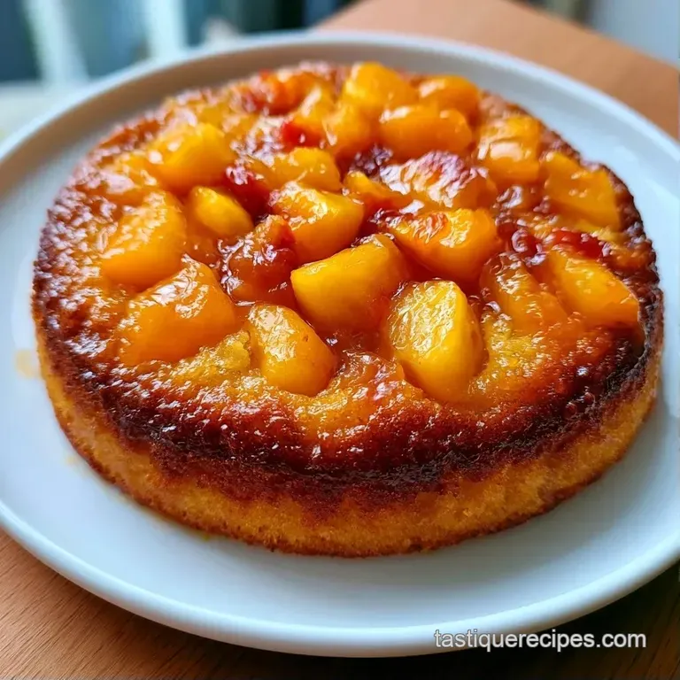 Single slice of moist golden cake with glistening peach halves, paired with a creamy dollop of whipped cream.