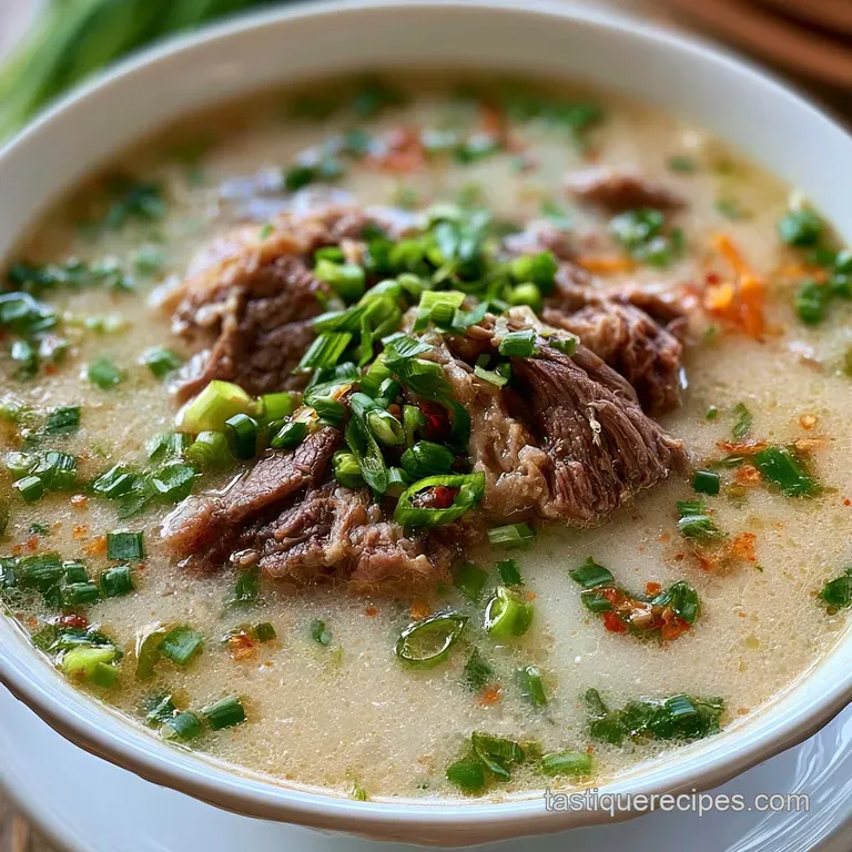 A rustic ceramic bowl filled with rich amber broth, tender beef, and fresh herbs on a dark wooden tabletop.