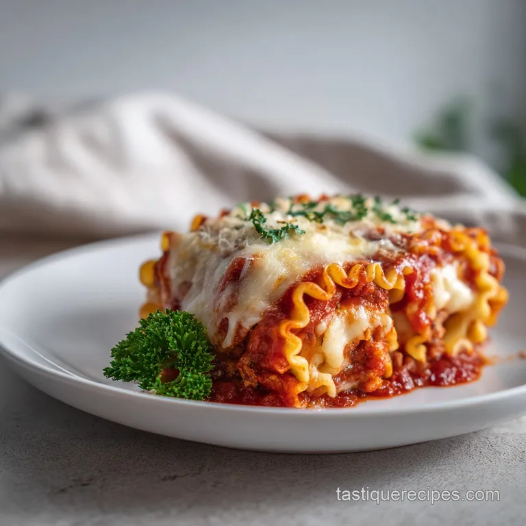 Two perfectly swirled lasagna roll ups on a white plate. Glossy tomato sauce pools around them, accented by bright green b...