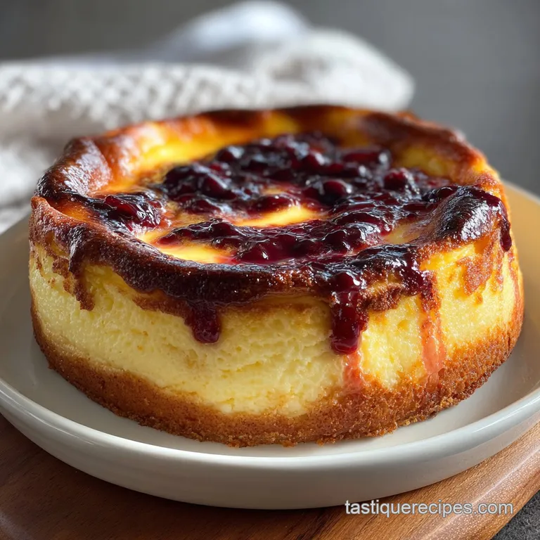 Slice of creamy cheesecake on a white plate, rich burnt top contrasting with the smooth interior, garnished with ripe rasp...