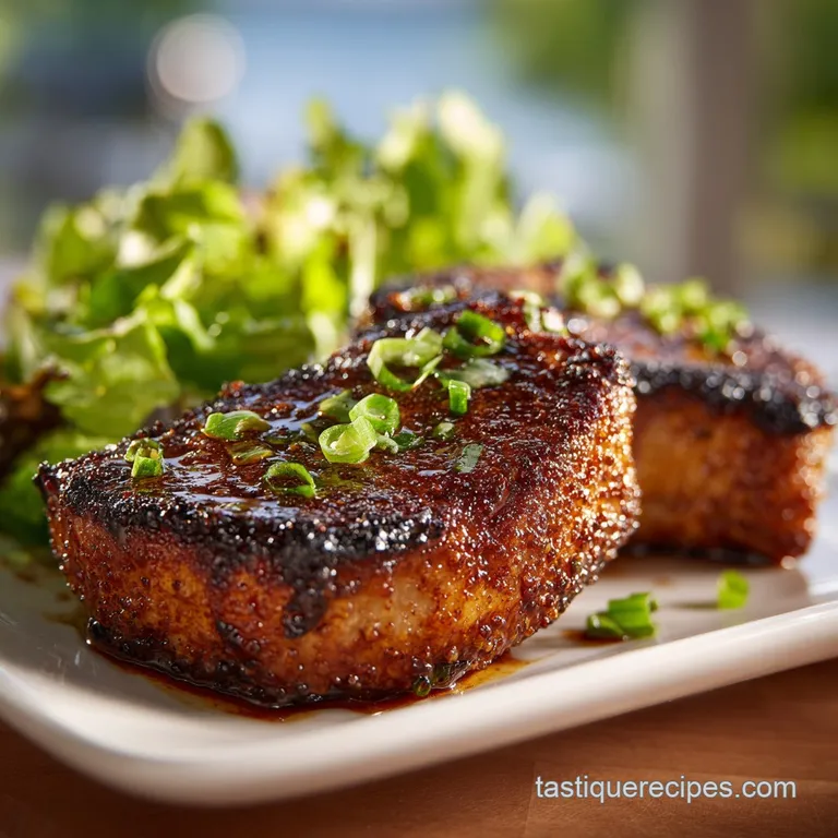 Perfectly seared, mahogany-hued pork chops elegantly plated with a side of vibrant green vegetables.