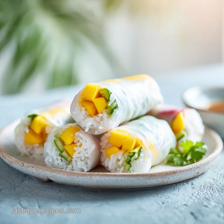 Elegant plate with sliced mango sticky rice roll. Juicy mango slices and crunchy sesame seeds add color and texture.