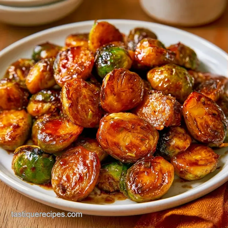 Charred green sprouts glazed in dark syrup, piled high on a matte ceramic plate with a sprinkle of sea salt