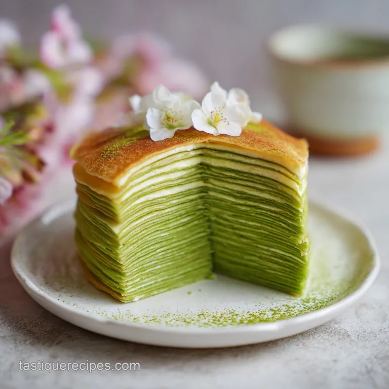 Slice of emerald crepe cake on a white plate, showcasing its many paper-thin layers, with a dollop of whipped cream.