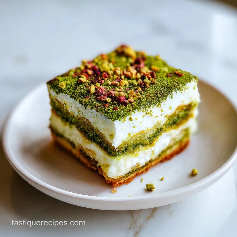 Elegant slice of green matcha tiramisu plated, highlighting the creamy texture and ladyfinger layers. Garnish of matcha du...