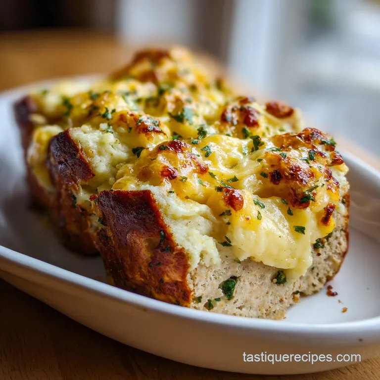 A hearty slice of savory meatloaf topped with fluffy mashed potatoes and melted cheese on a clean white plate