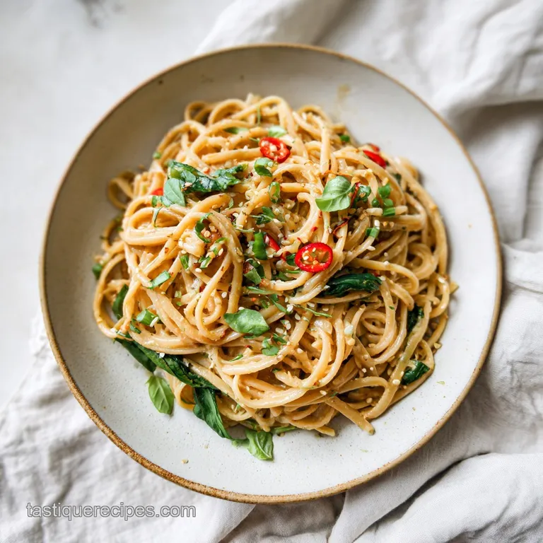 Elegant twirl of glistening noodles in a shallow bowl, topped with herbs and cracked pepper. Steamy, enticing.