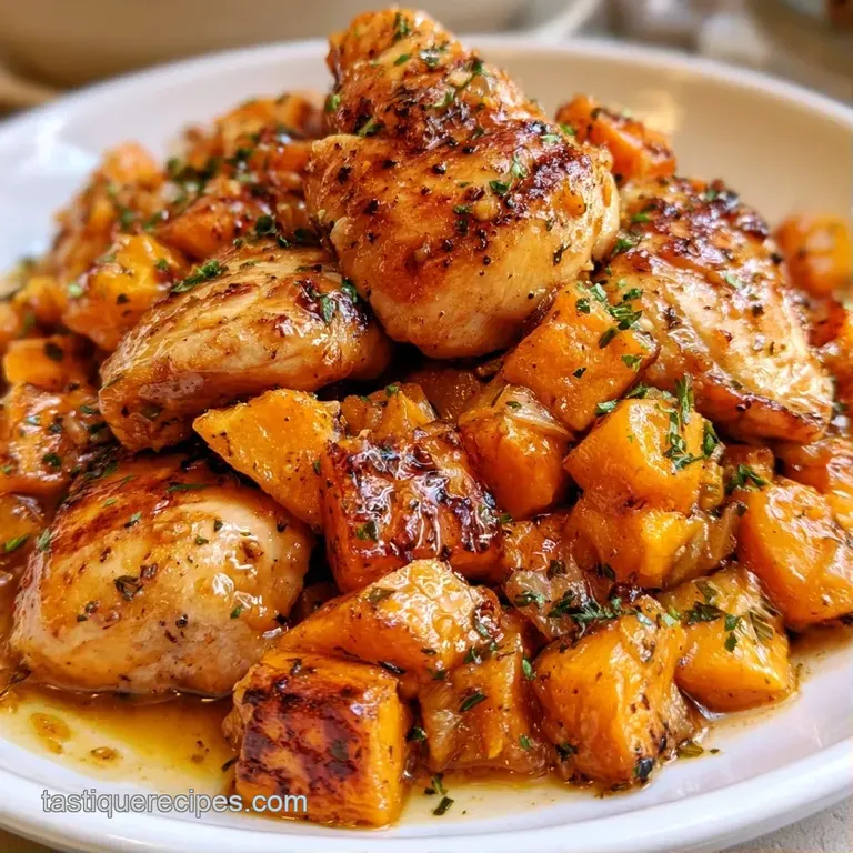 Caramelized chicken thighs and soft orange sweet potatoes on a white ceramic plate with a sprig of fresh parsley.