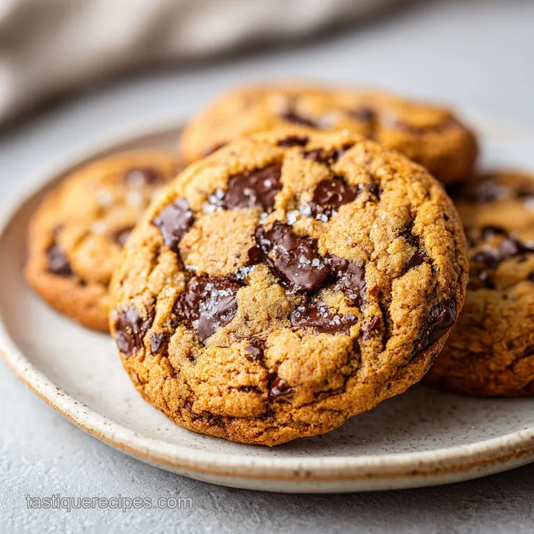 Stack of three miso chocolate chip cookies on a pale plate, flakes of sea salt sprinkled on top. Subtle, warm lighting.