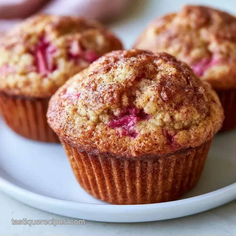 Fluffy golden-brown cakes on a white plate, accented with tart pink rhubarb slices and a dusting of sugar.