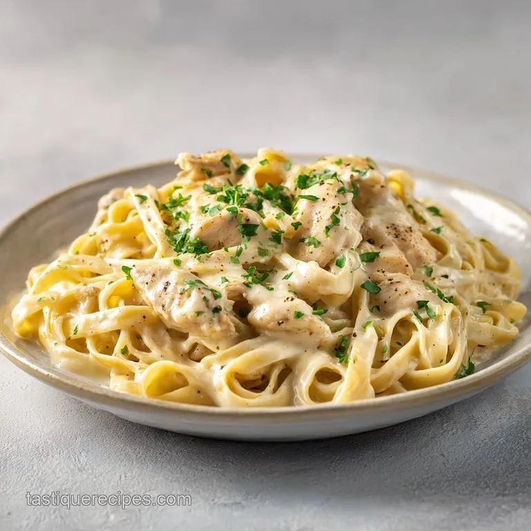 Elegant plate of fettuccine Alfredo with golden chicken, topped with parmesan and vibrant green herbs.