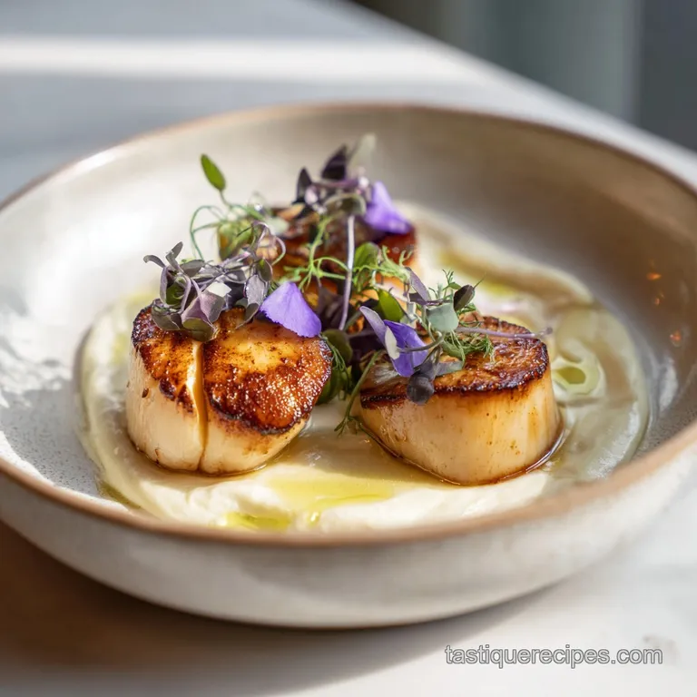 A tower of tender mushroom scallops glistens on a bed of vibrant greens, a culinary masterpiece on a clean, white plate.