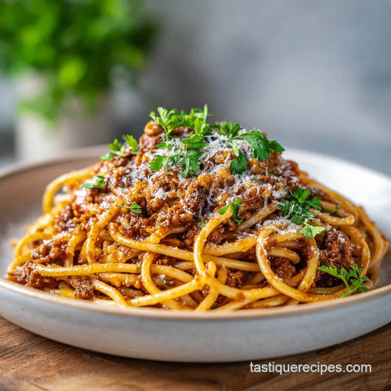 A swirl of pasta coated in a deep brown sauce, artfully plated and garnished with fresh herbs and a drizzle of olive oil.